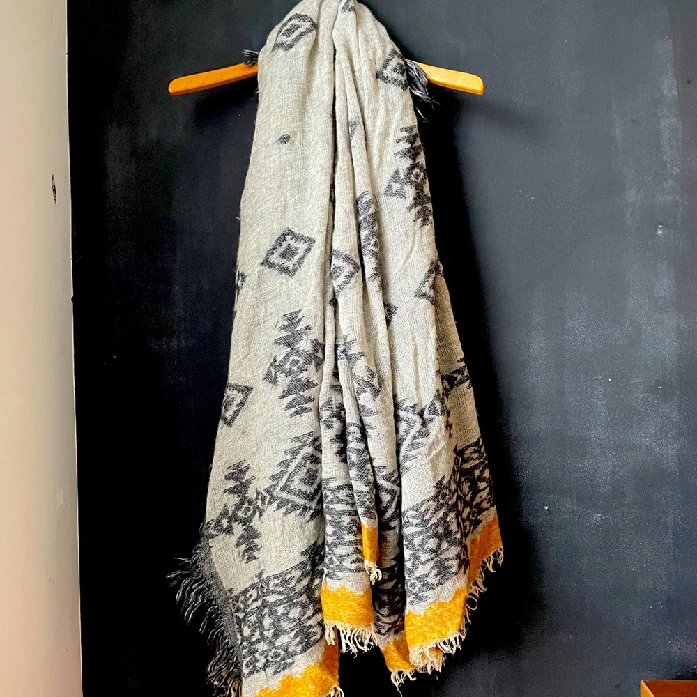 Zara Beige and Black Patterned Scarf with Mustard Trim